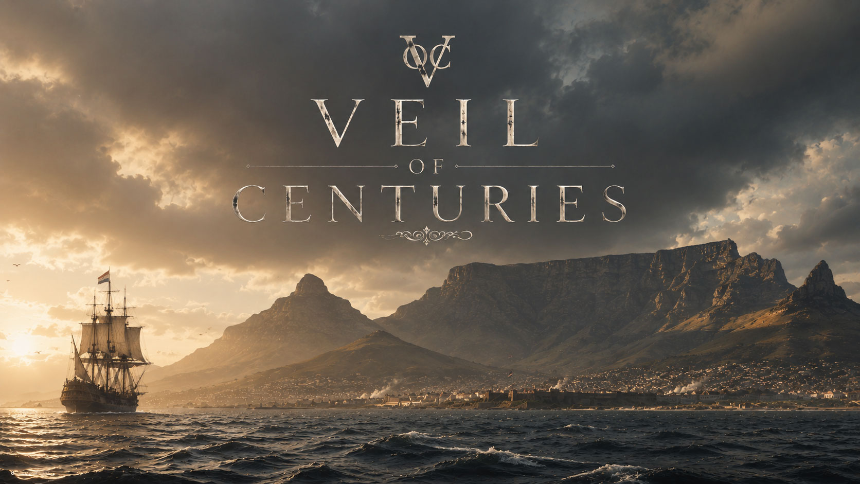 Veil of Centuries. A Dutch East India Company ship sails into Table Bay at dawn, under Table Mountain and Lion's Head.